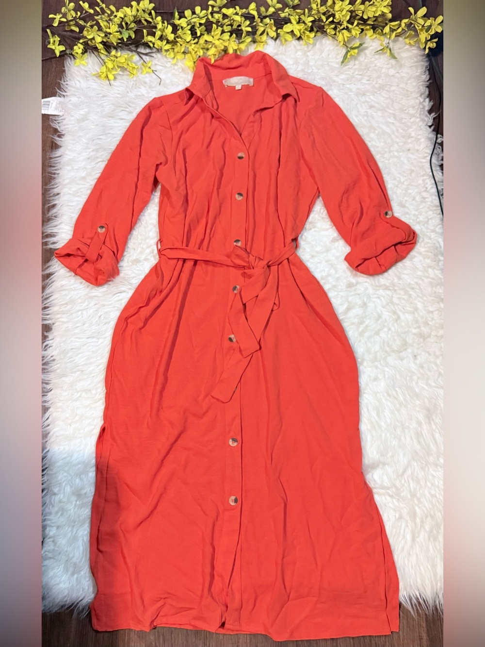 Casual Coral Maxi Shirt Dress with Self-Tie Waist